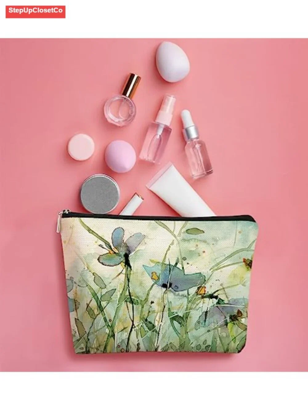 Linen Floral Makeup Bag Organizer Cottagecore Vintage Cosmetic Case